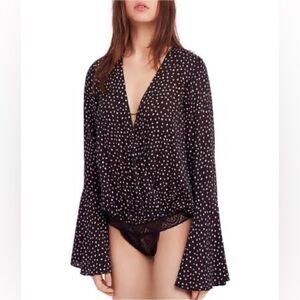 Free People Womens Bell Sleeve Bodysuit Jumpsuit Brown White